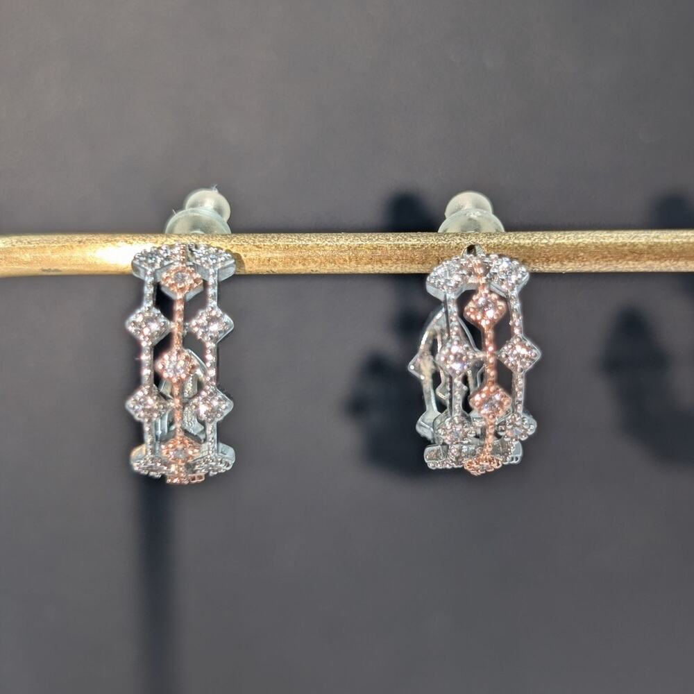 PAJ 925 Sterling Rose & Silver CZ Fancy Half Hoop Earrings